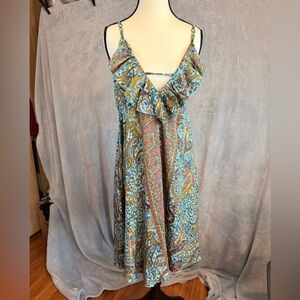 Elegant Silk Backless Paisley Dress in Blue and Orange